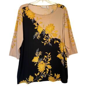 Susan Graver Floral Liquid Knit Tunic Womens Size 3X Black Tan Yellow Flowy Top